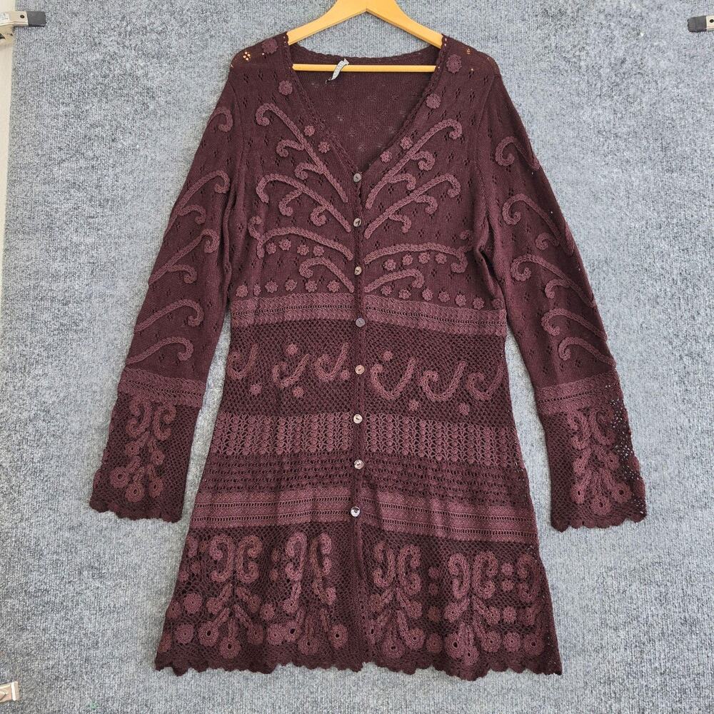 Peruvian Connection Sweater XL Crochet Cardigan Plum Alpaca Boho Hippie Fairy